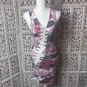 BANNI PERU Mini Dress Women Bodycon AOP Printed Graphic Detail Lace Up Front S